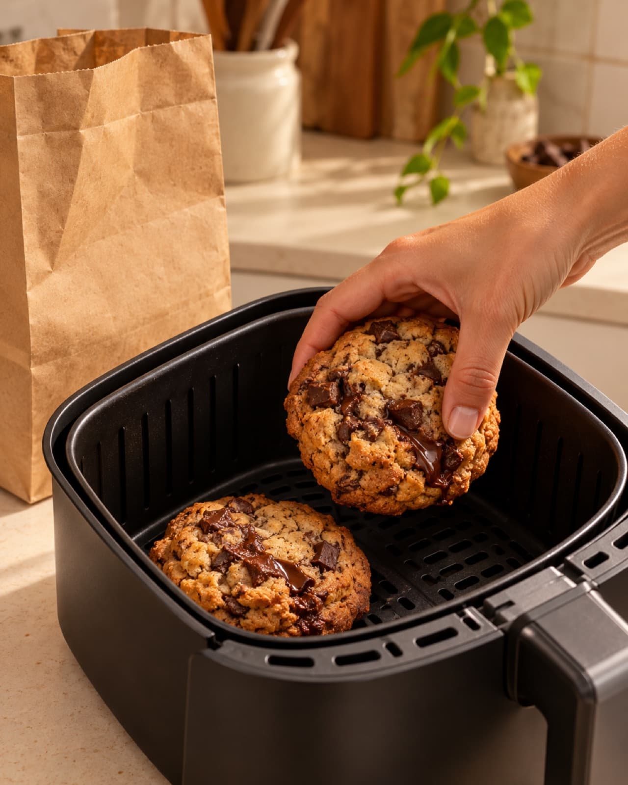 Mão colocando um cookie na cesta da air fryer