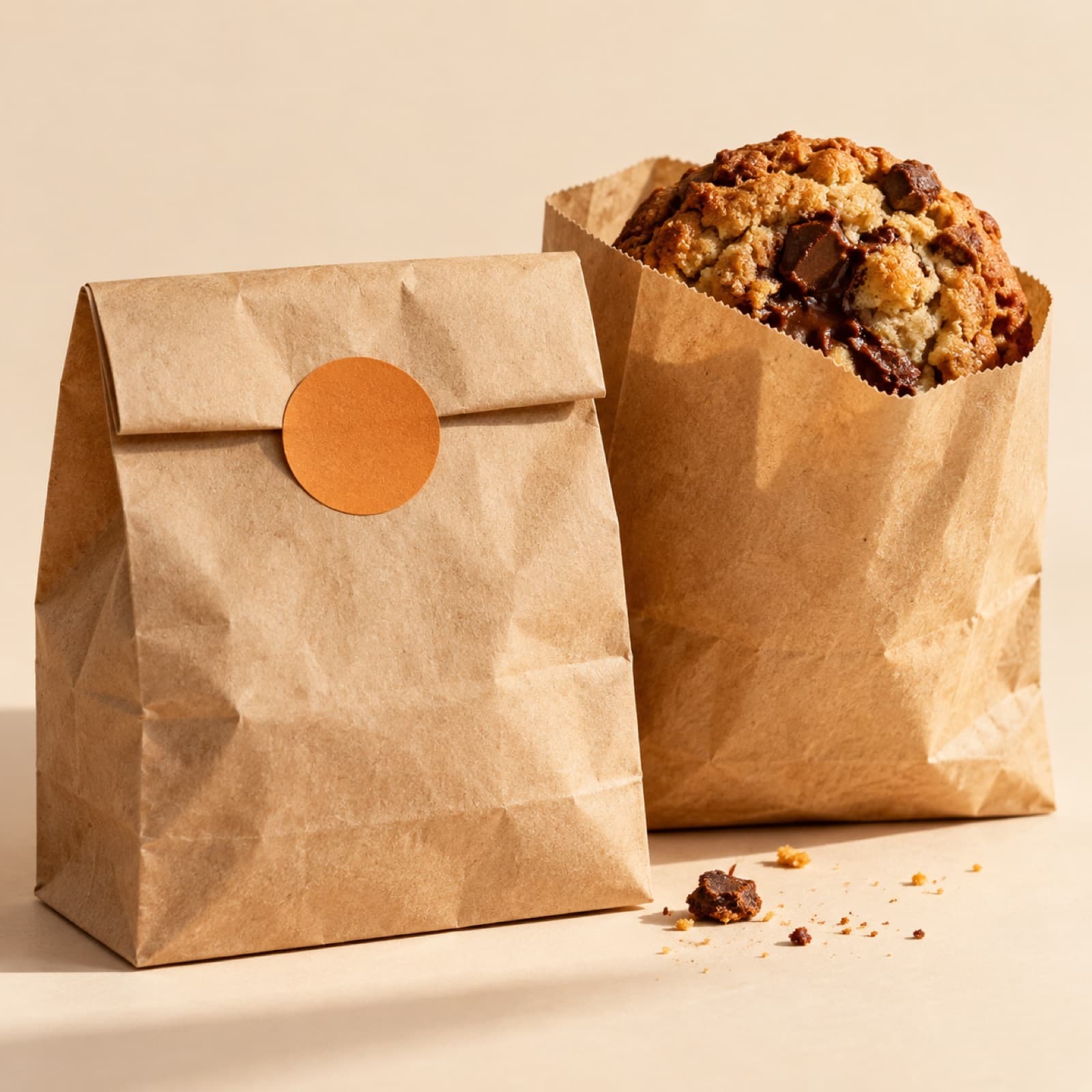 Saquinho kraft fechado com selo laranja