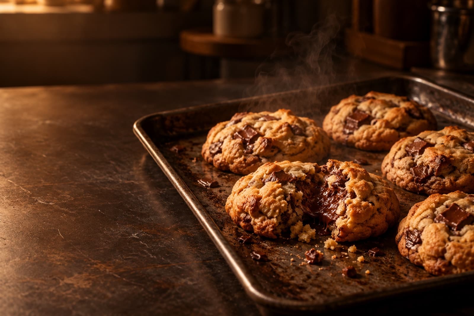 Assadeira de cookies saindo do forno, soltando vapor