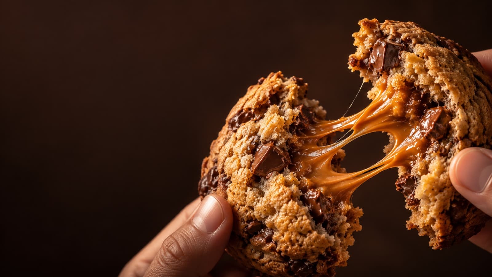 Cookie quentinho partido ao meio, com o recheio esticando