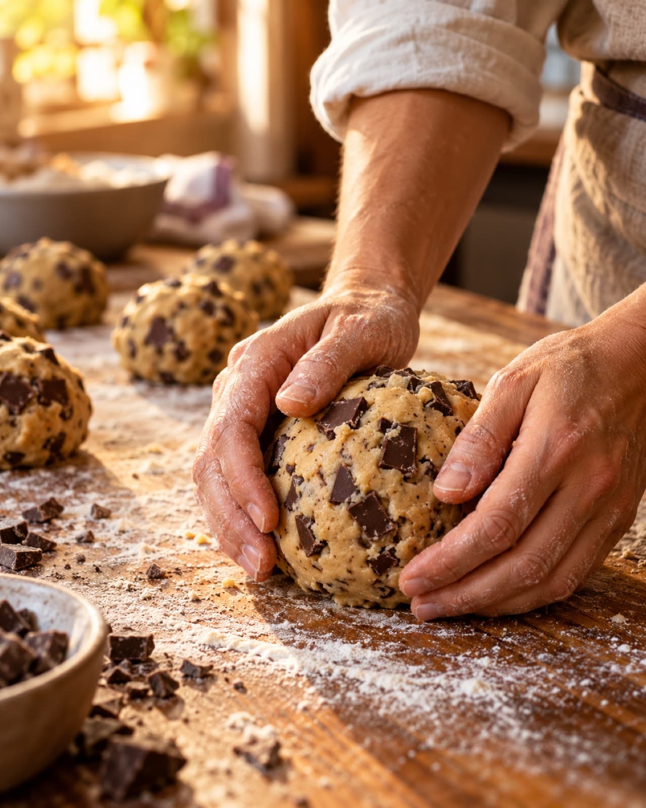 Mãos modelando bolas de massa de cookie com pedaços de chocolate