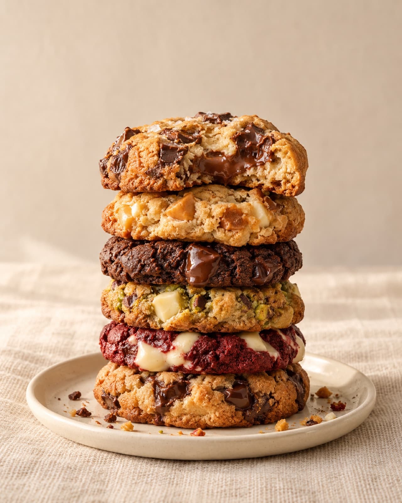 Pilha de cookies num prato, o de cima mordido