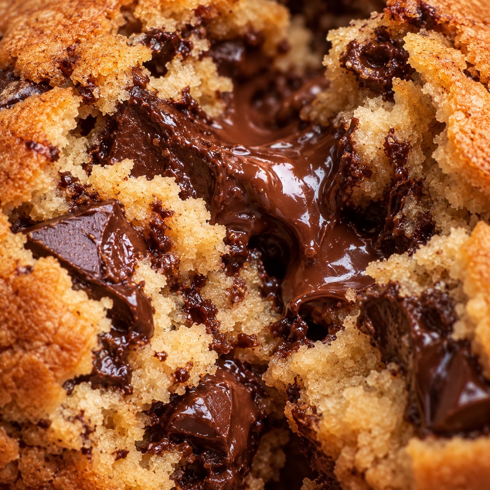 Close do recheio de chocolate escorrendo de um cookie partido