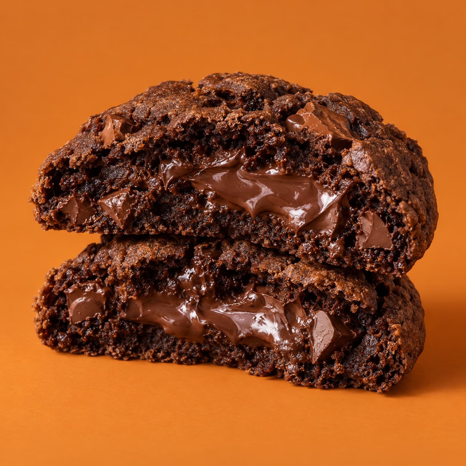 Cookie de chocolate visto de cima, girando e se partindo ao meio
