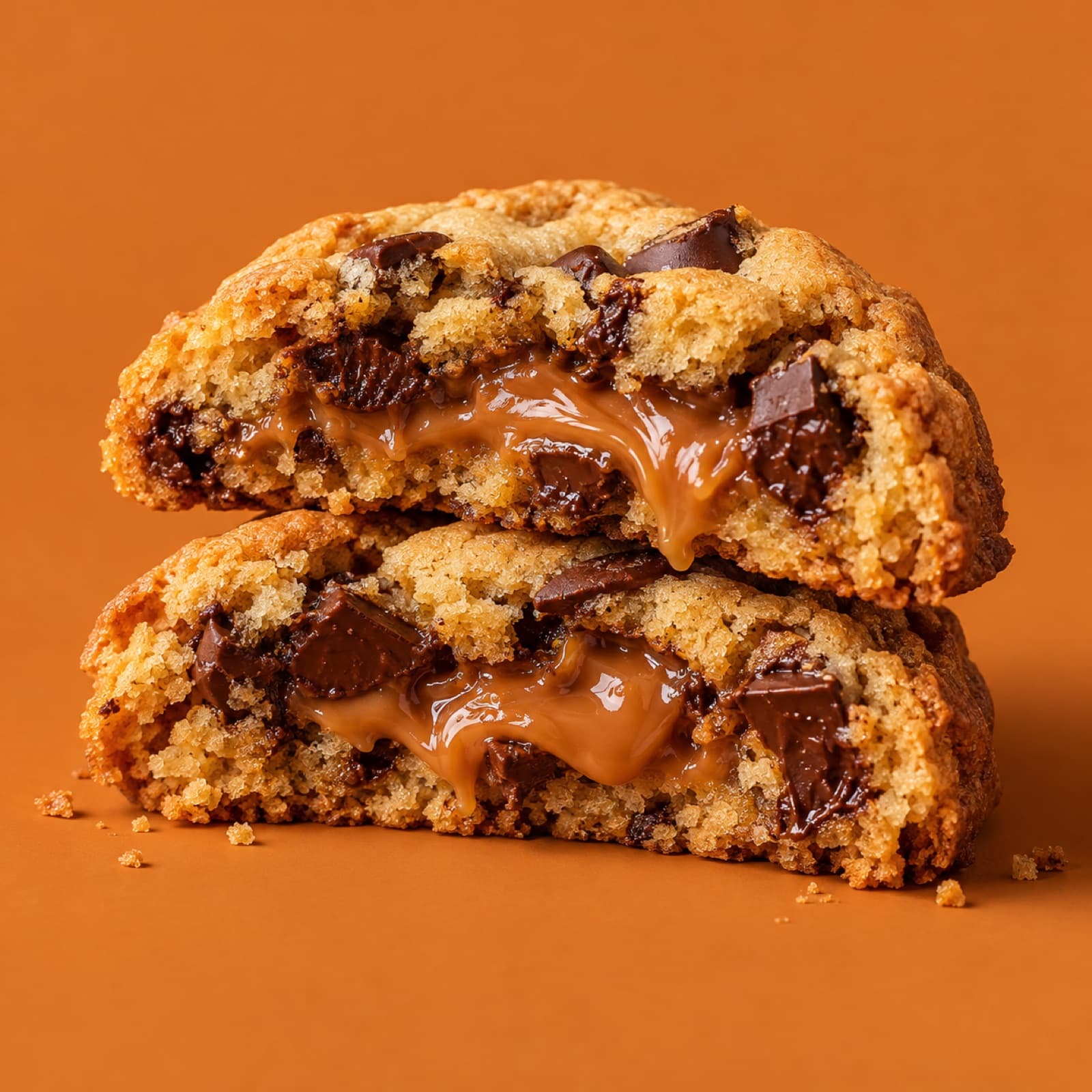 Cookie de doce de leite visto de cima, girando e se partindo ao meio