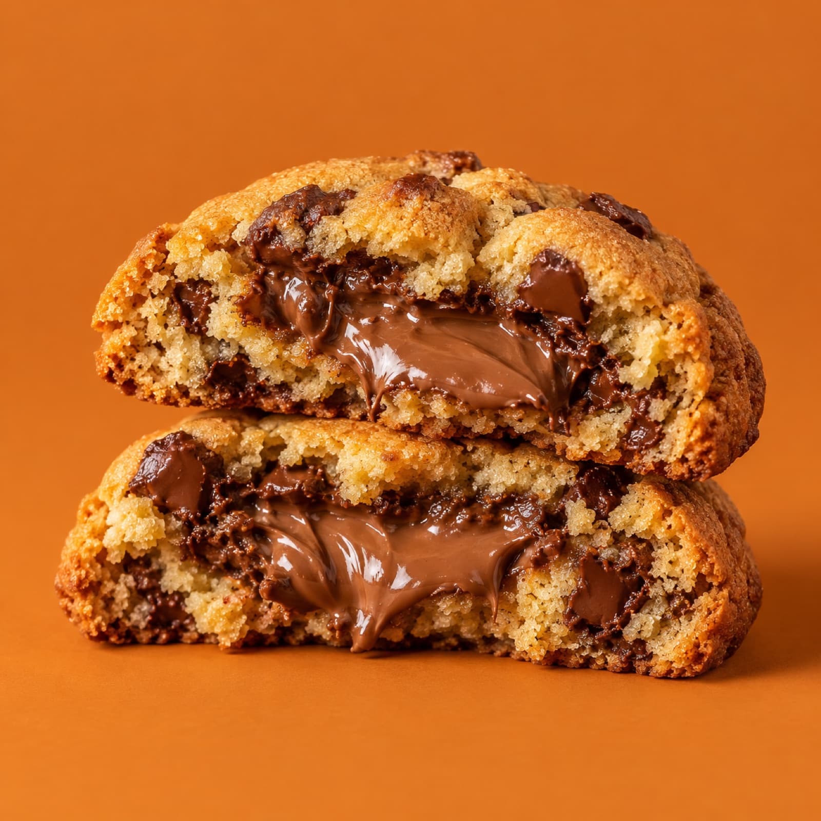 Cookie recheado de Nutella visto de cima, girando e se partindo ao meio